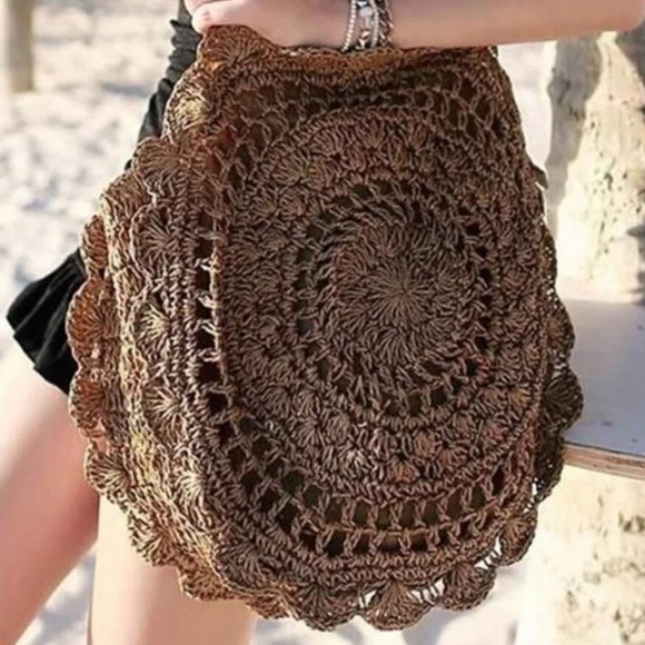 Boho Coffee Brown Straw Round Bag - Picture 4 of 7
